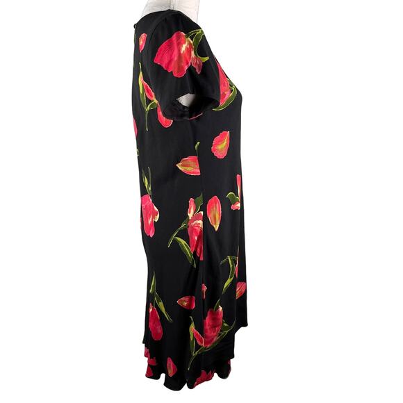Vintage Hampton Dress Co Dress 8 Midi Black Red Tulips - Picture 6 of 12